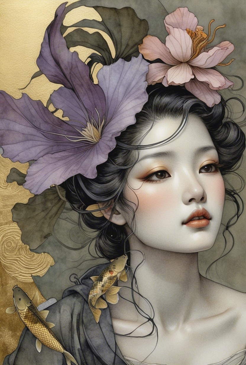 Serene Woman with Flowers and Koi Fish Artwork