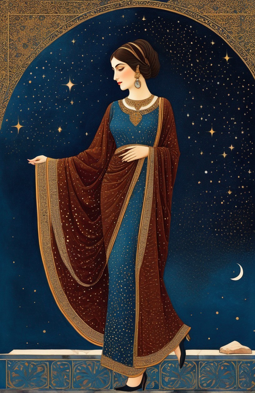 Elegant Woman in Detailed Gown Against Night Sky