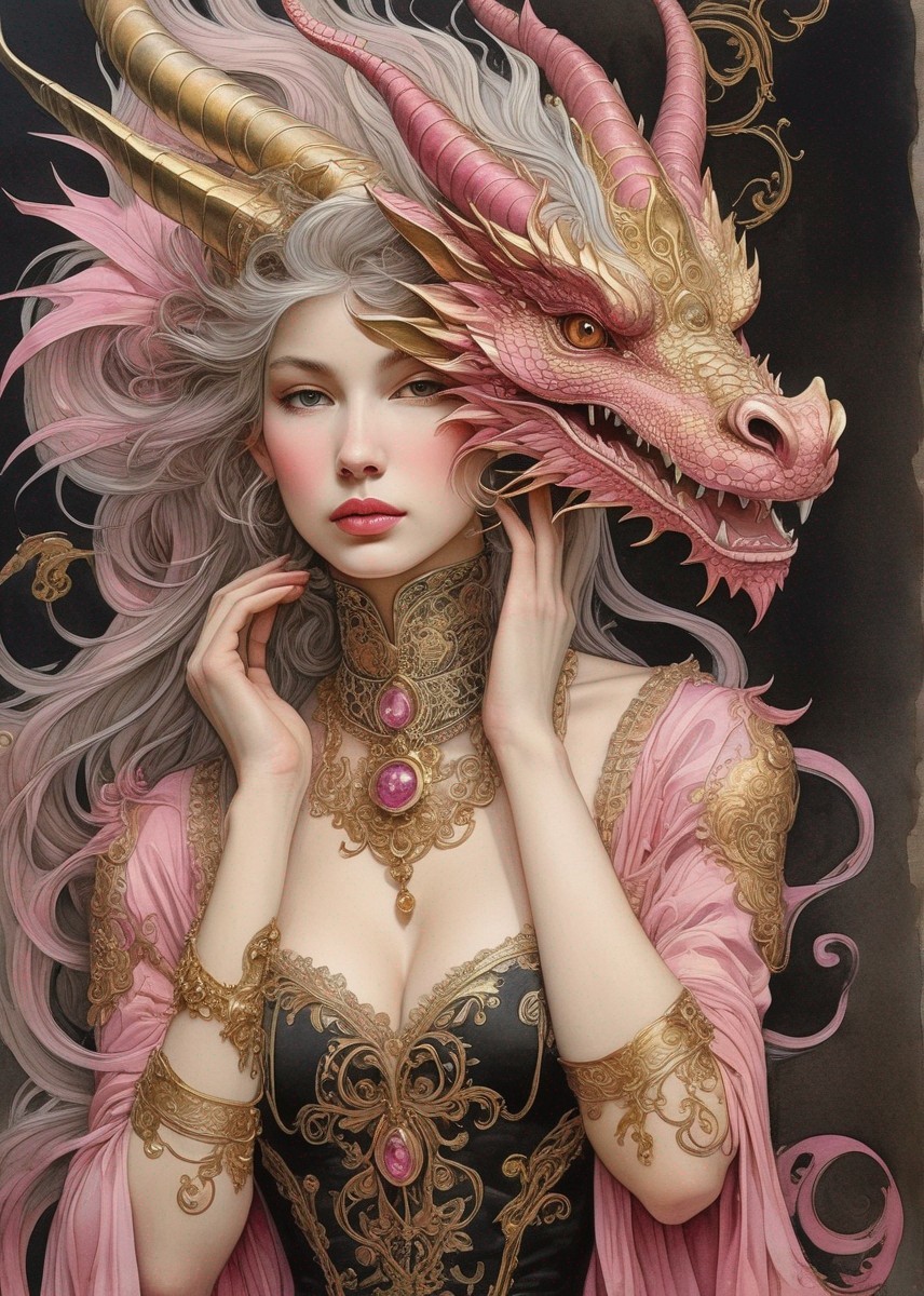 Pale-skinned woman in pink and gold attire with golden dragon on shoulder