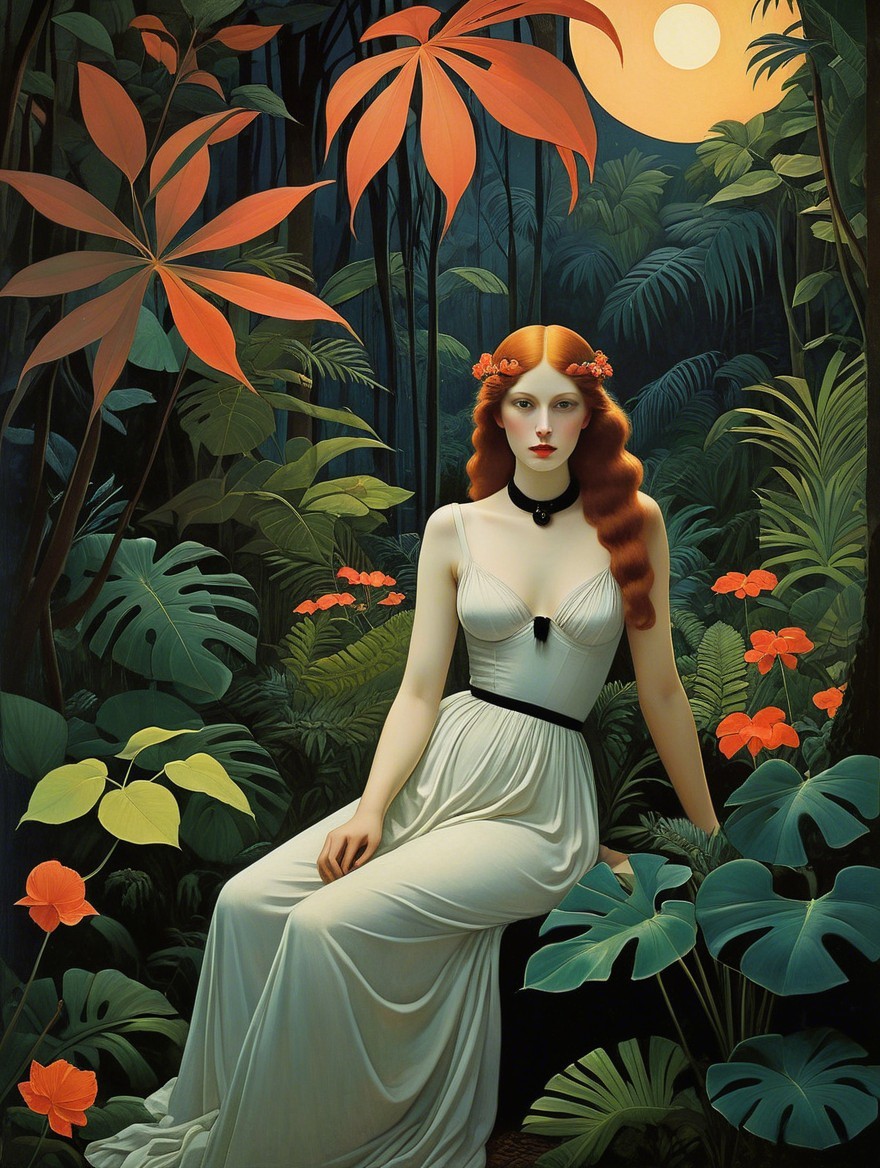 Serene Woman in Tropical Setting with Moonlight Glow