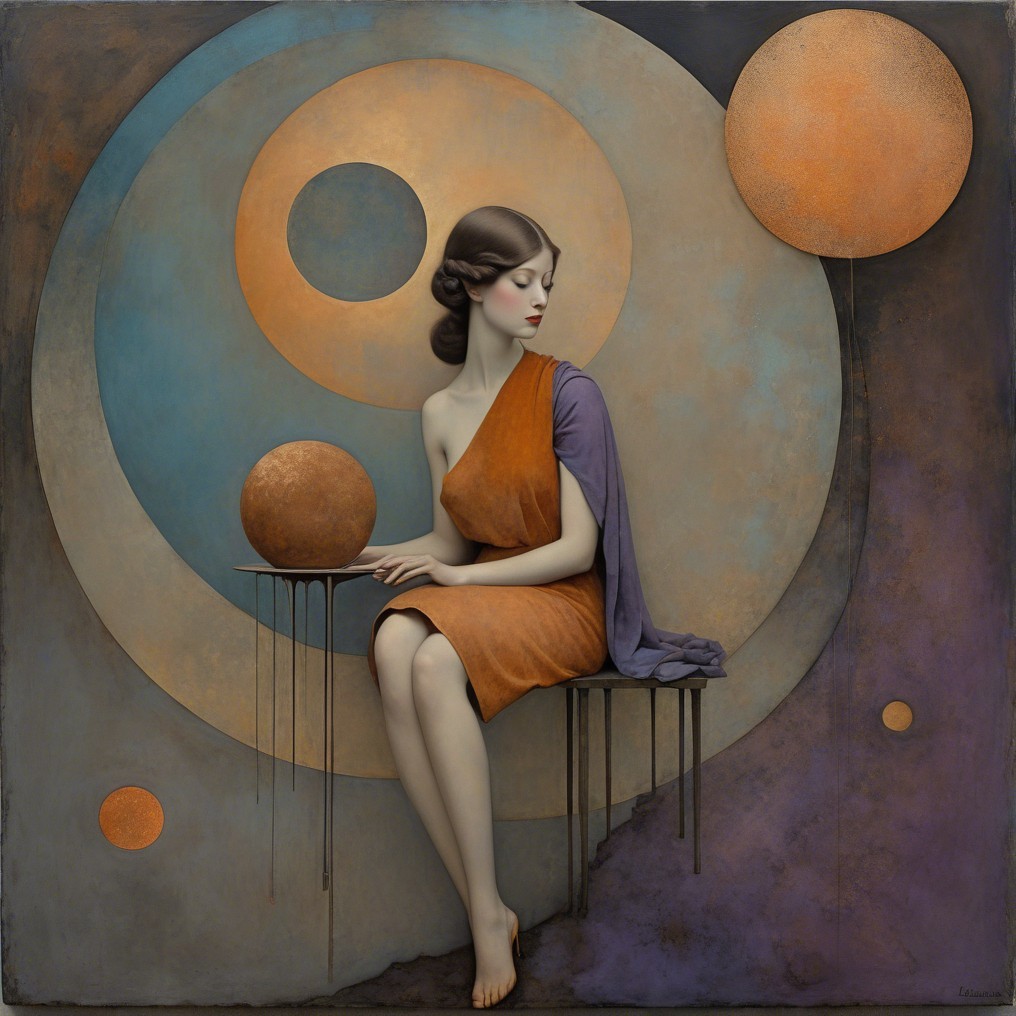 Serene Figure on Chair with Colorful Orbs and Shapes