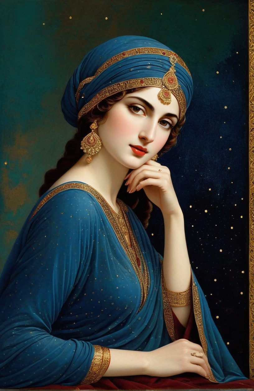 Poised Woman in Blue Garment with Gold Accents