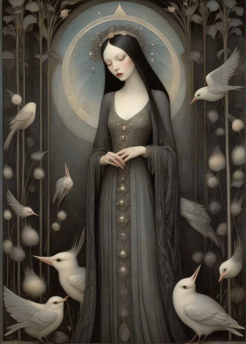 Ethereal woman in medieval-style gown with halo, surrounded by birds and dandelions