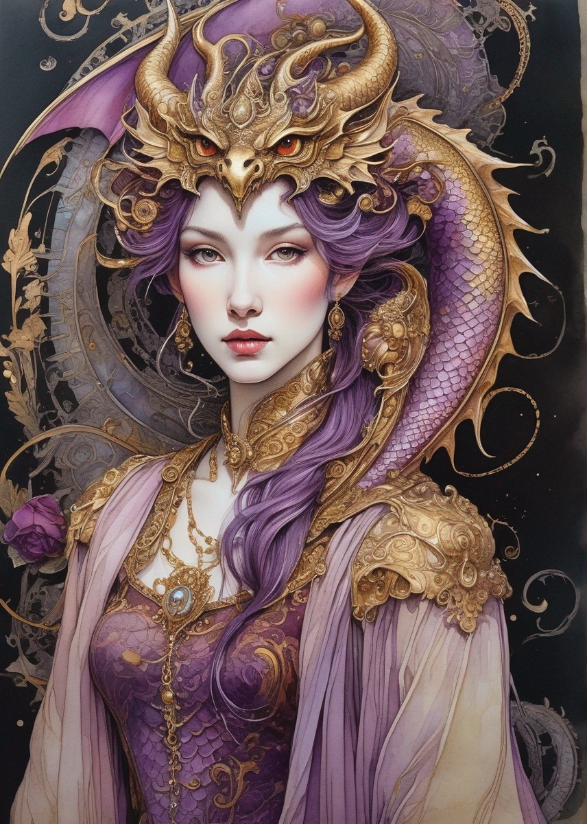 Illustrated woman with purple hair in regal attire and dragon-themed headdress