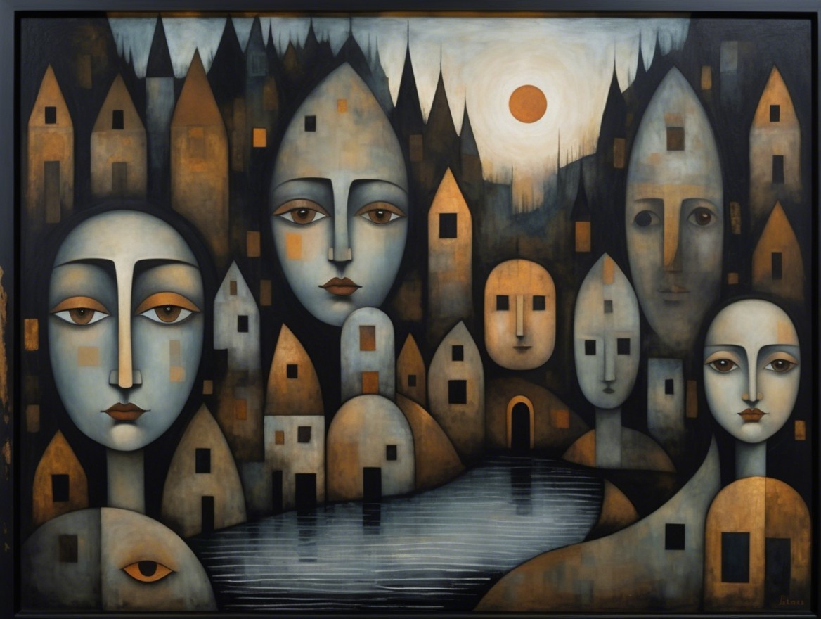 Surreal Landscape with Stylized Faces and Abstract Houses