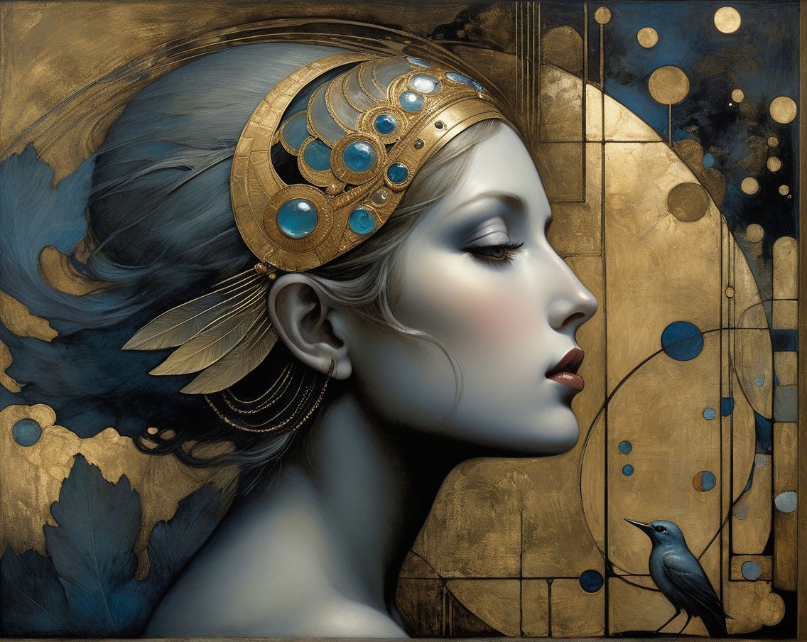 Serene Female Profile with Golden Headpiece and Bird