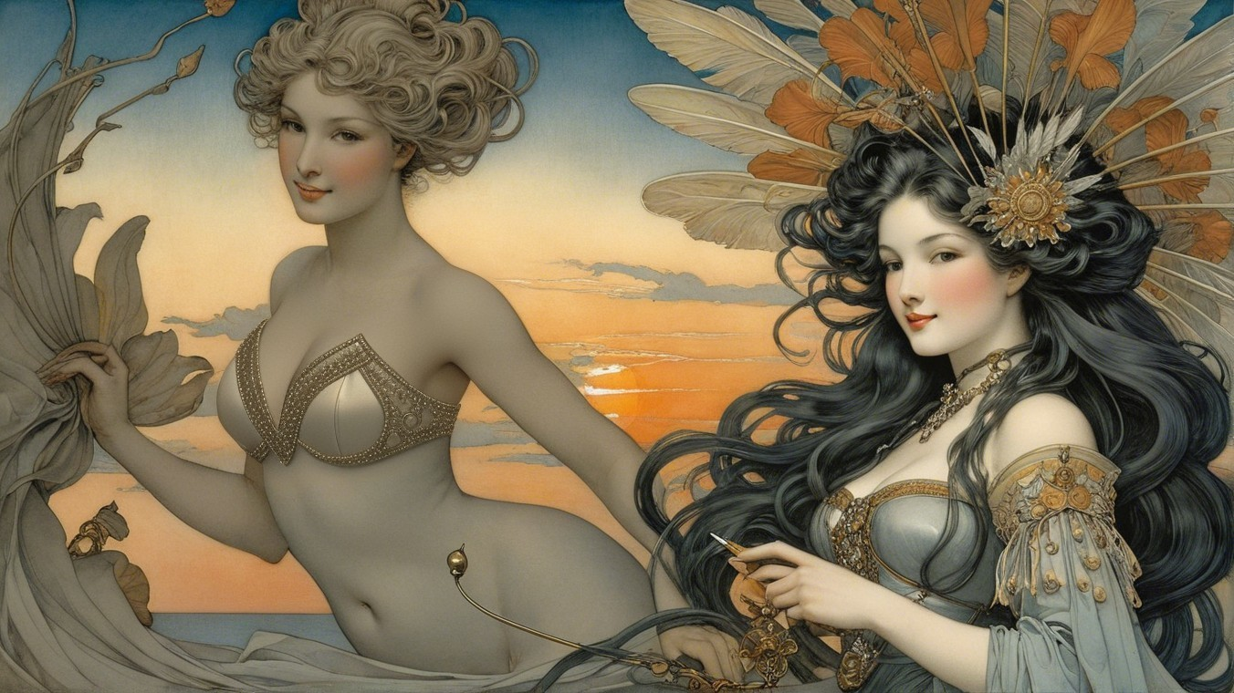 Elegantly Dressed Women Against Dreamy Sunset Backdrop
