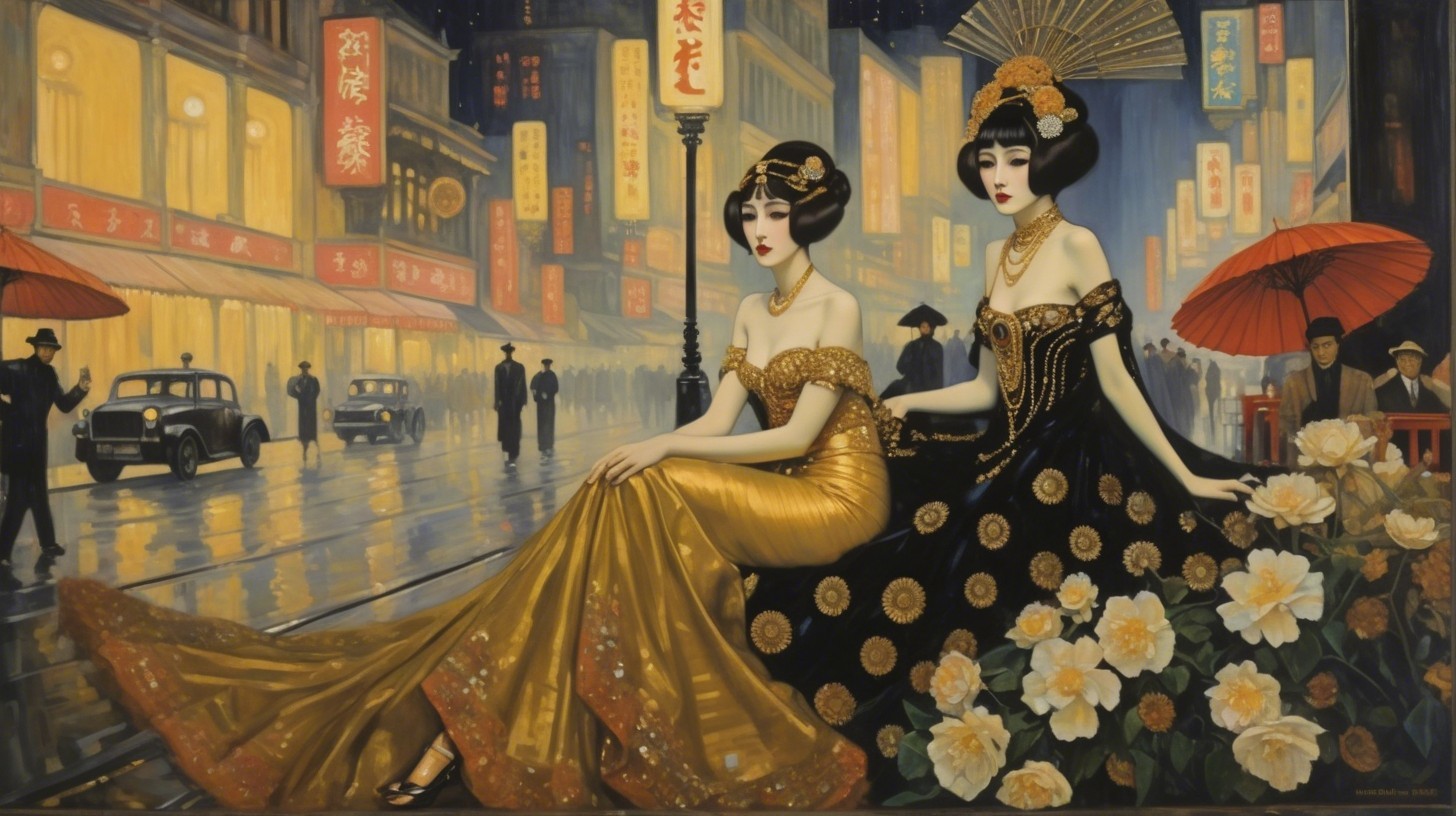 Elegant Women in Traditional Attire in Urban Scene