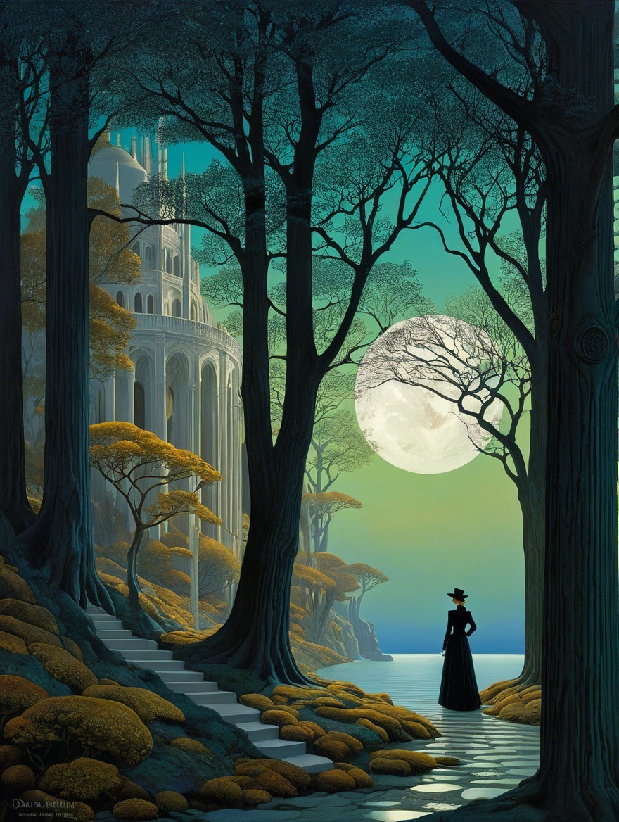Serene landscape with ornate building and glowing moon