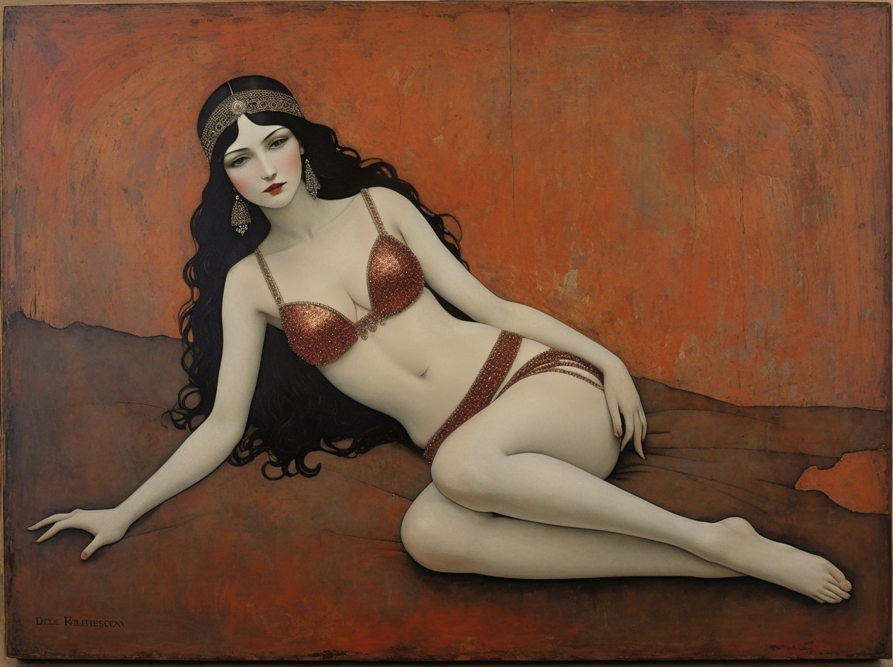 Full body painting of a pale woman in dark orange attire