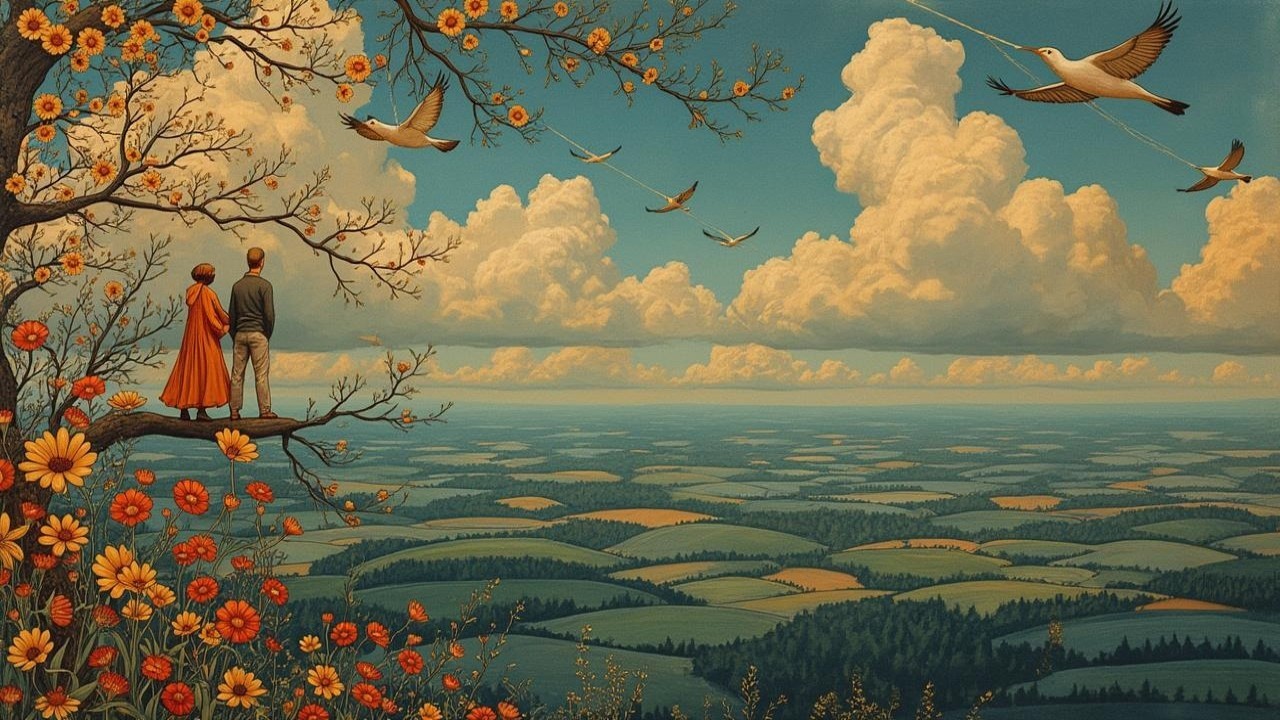 Couple on Flowered Branch Overlooking Scenic Hills
