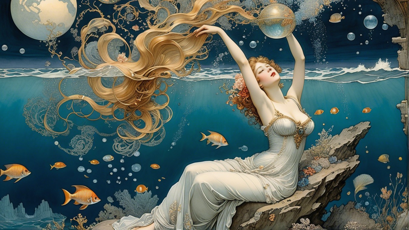 Underwater Scene with Flowing Hair and Fish
