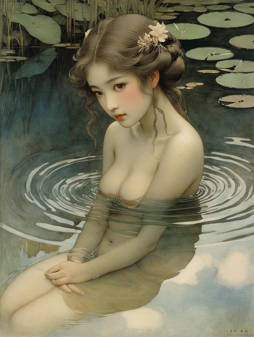 Young Woman in Tranquil Pond Among Lily Pads