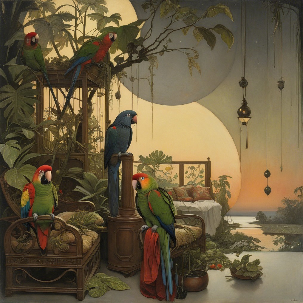 Dreamlike Interior with Parrots and Lush Plants