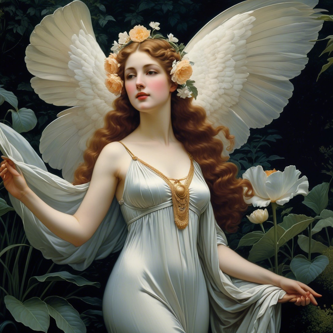 Fairy with Auburn Hair and White Wings in Greenery
