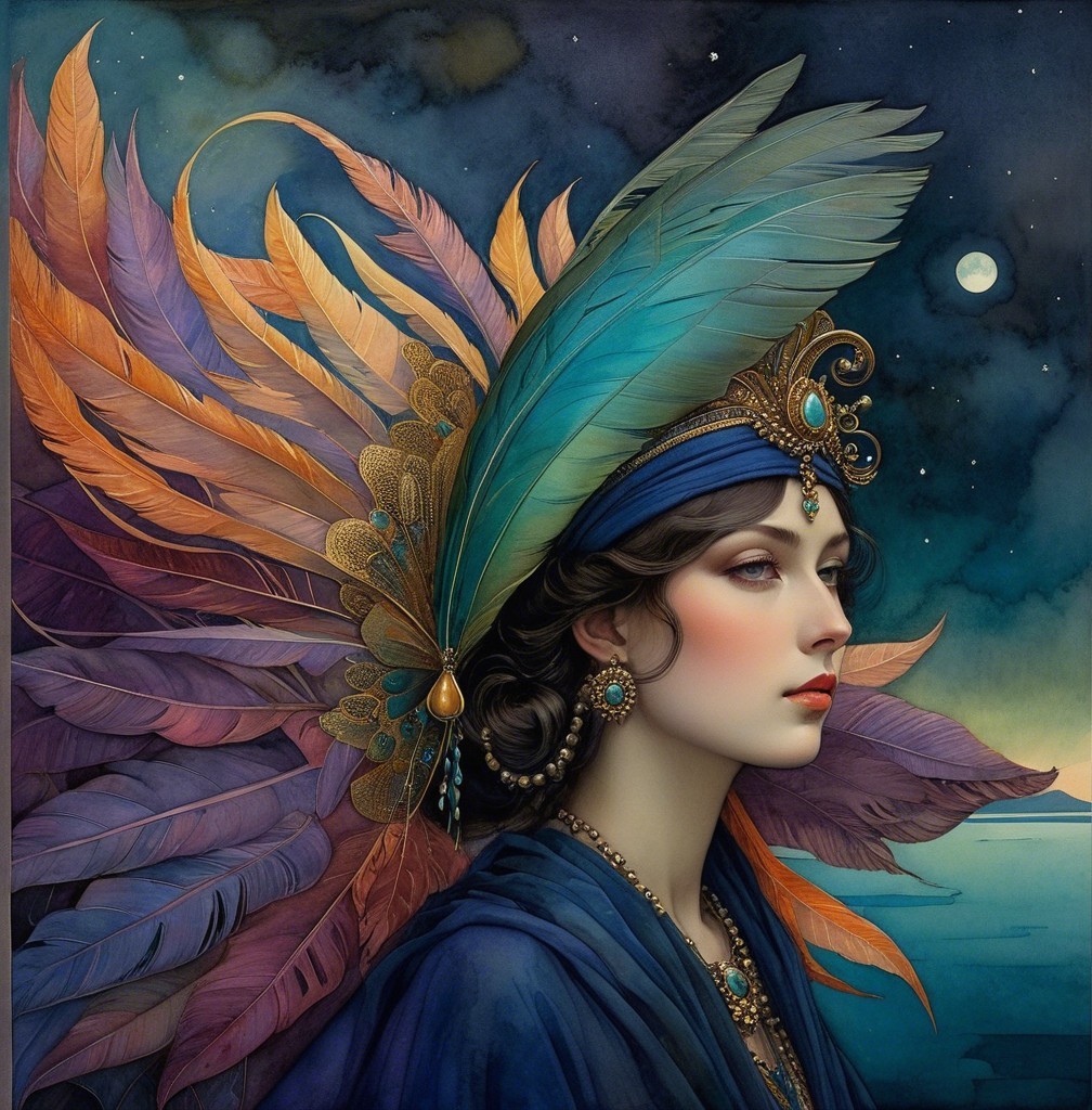 Portrait of a woman with a vibrant feather headdress