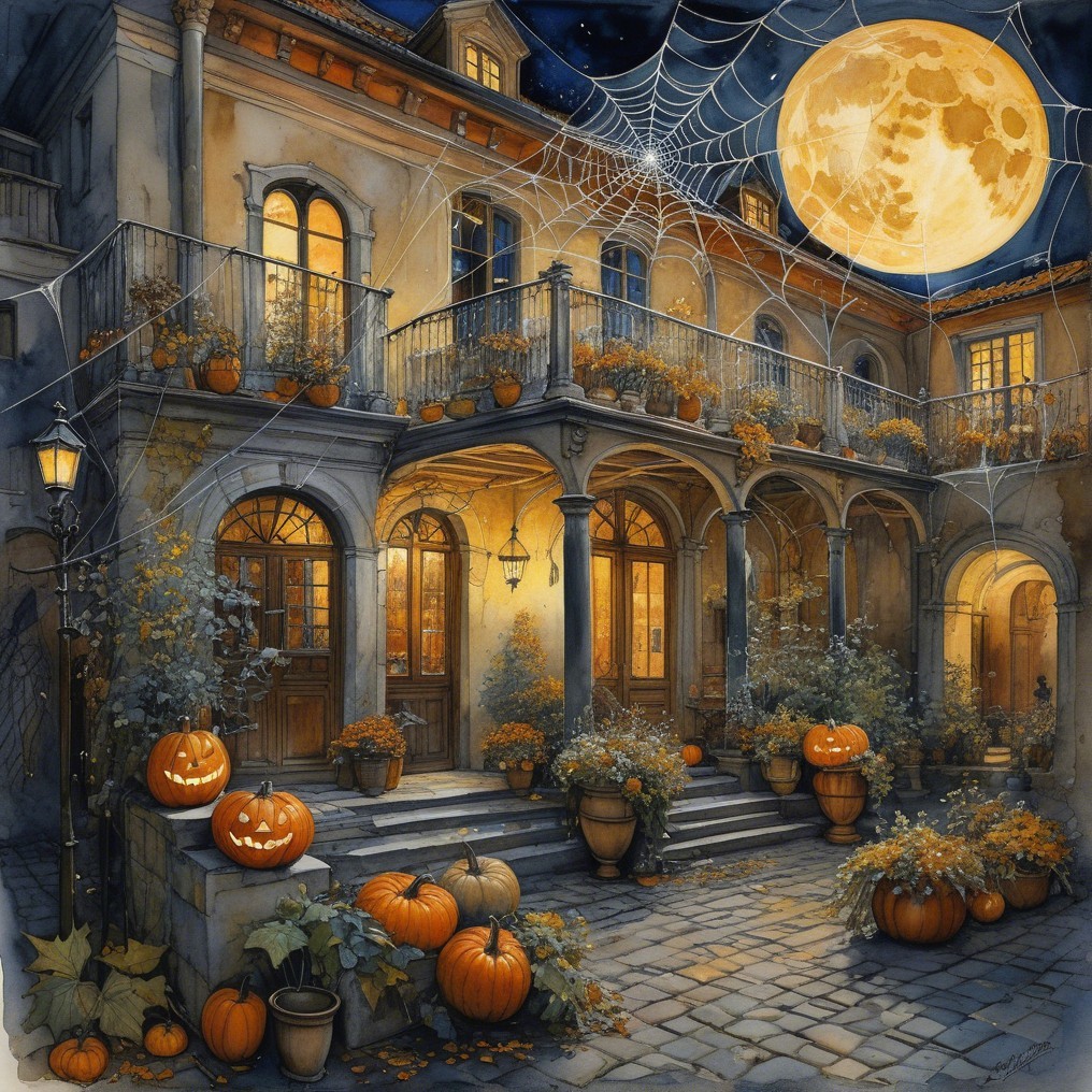 Moonlit Courtyard with Pumpkins and Elegant Arches