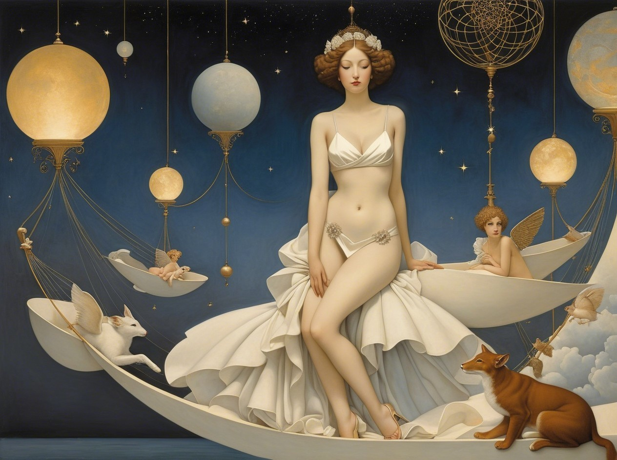 Surreal Oil Painting of a Woman on a Crescent Moon Boat