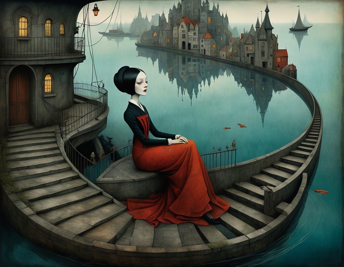 Serene figure in red gown by tranquil water scene