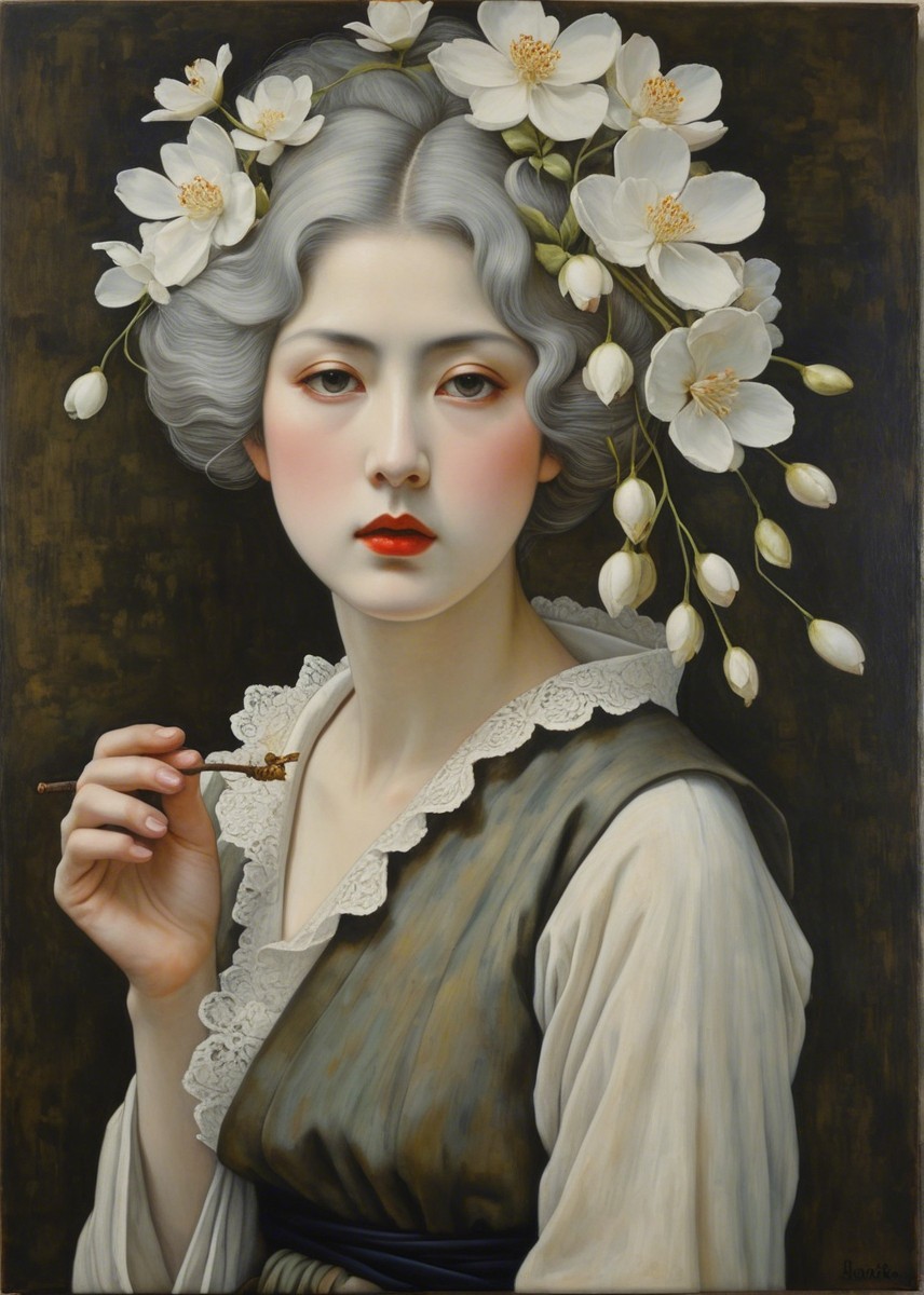 Portrait of a Young Woman with Gray Hair and Flowers