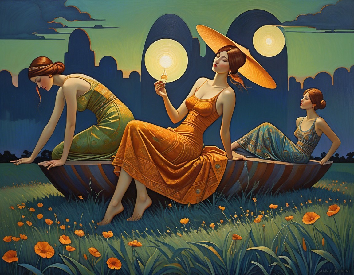 Elegant Women in Vibrant Dresses on a Boat Scene