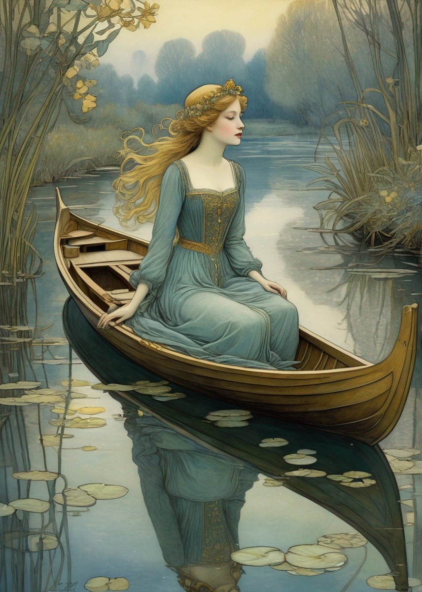Blonde woman in blue medieval dress on boat in serene waters