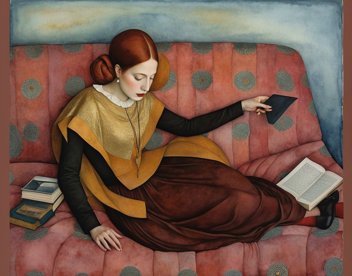 Young woman in gown on patterned couch, deep in thought