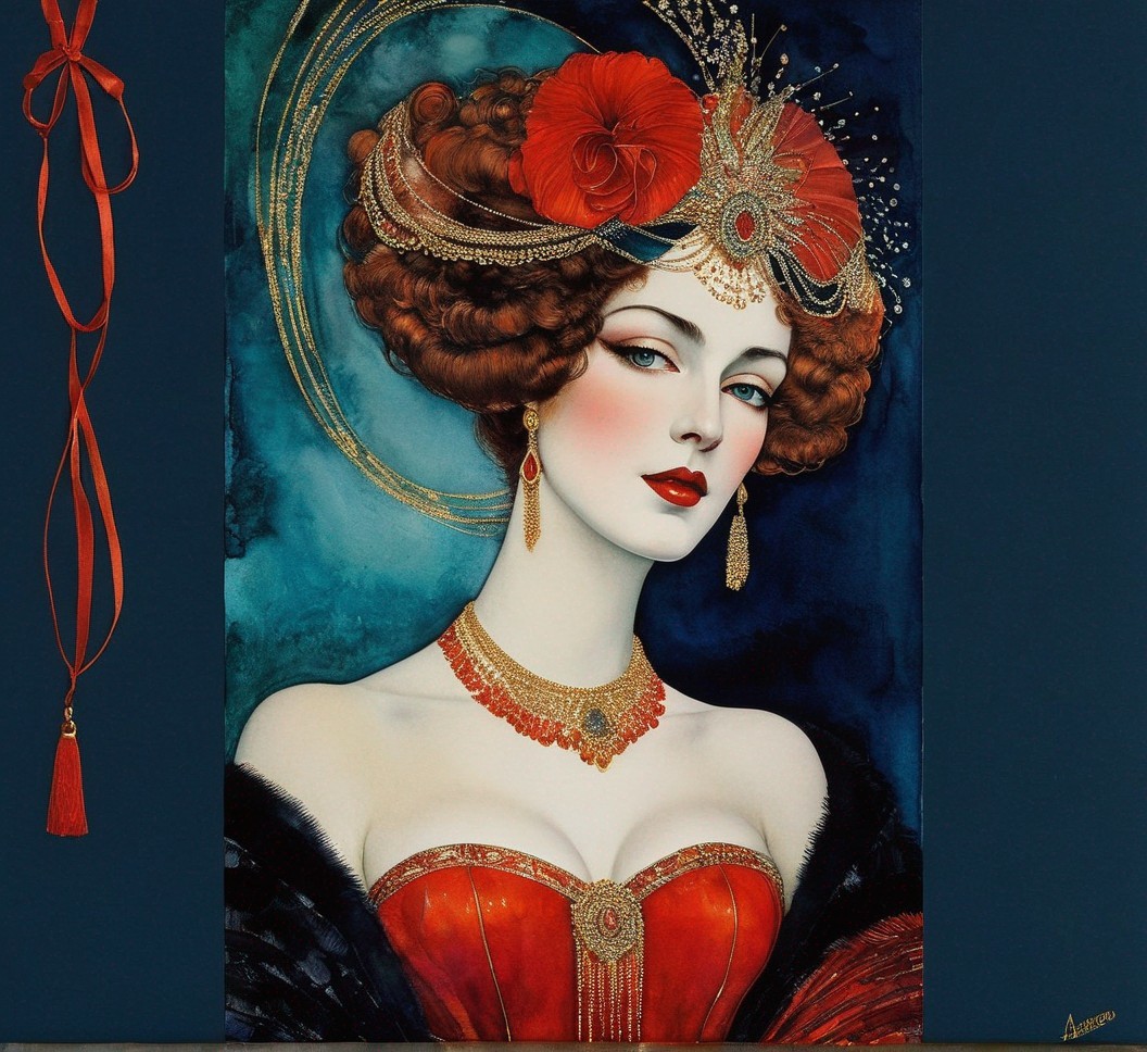Illustrated portrait of woman with red hair, headdress, luxe jewelry on blue background