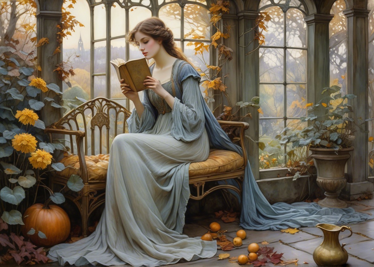 Serene Woman Reading in Sunlit Conservatory Setting