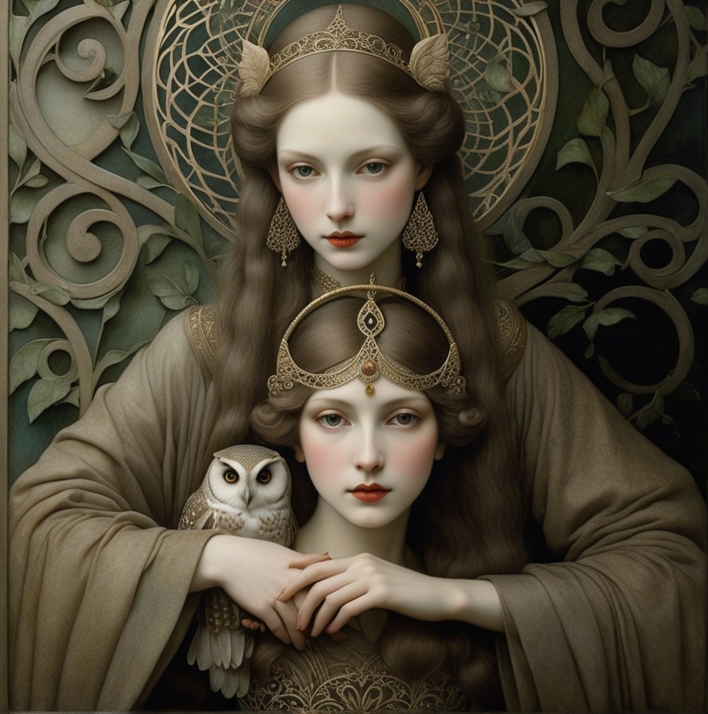 Ethereal Figures in Intricate Garments with Nature Motifs