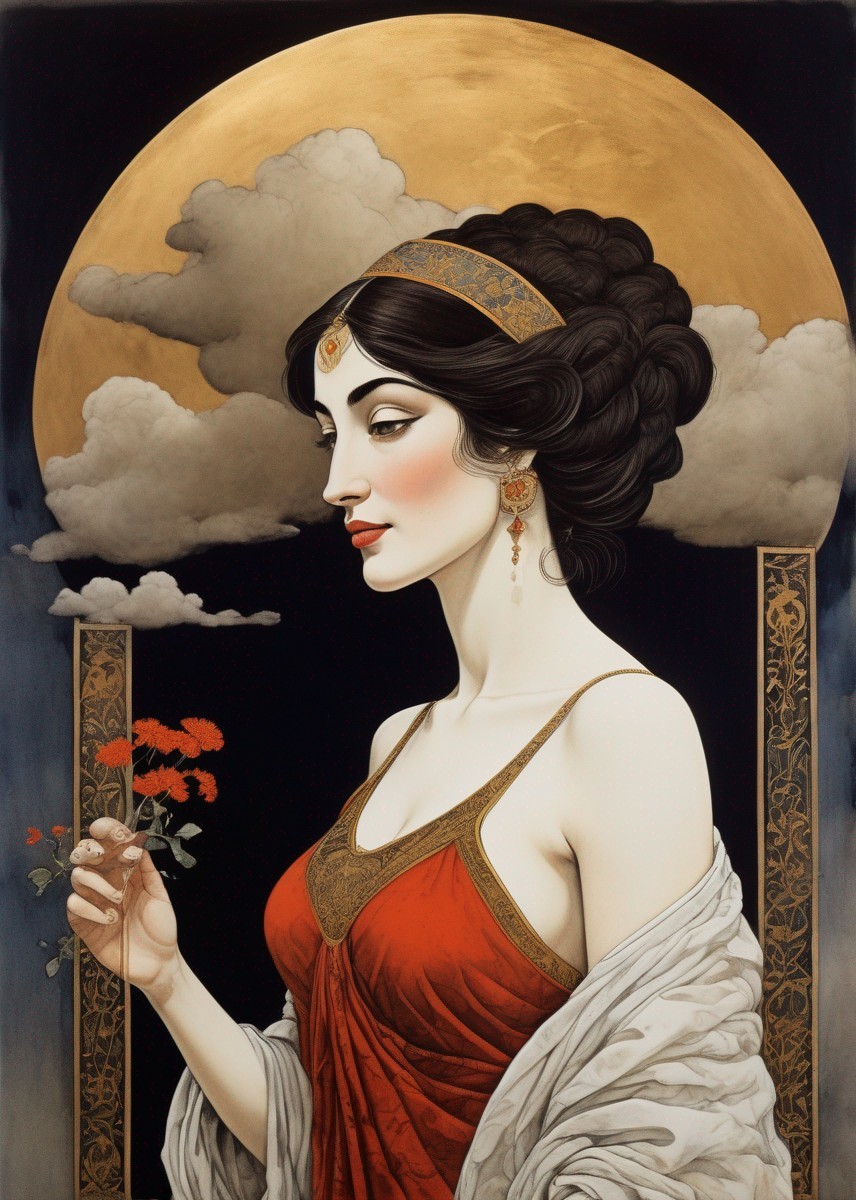 Serene Woman in Elegant Red Gown with Moonlit Backdrop