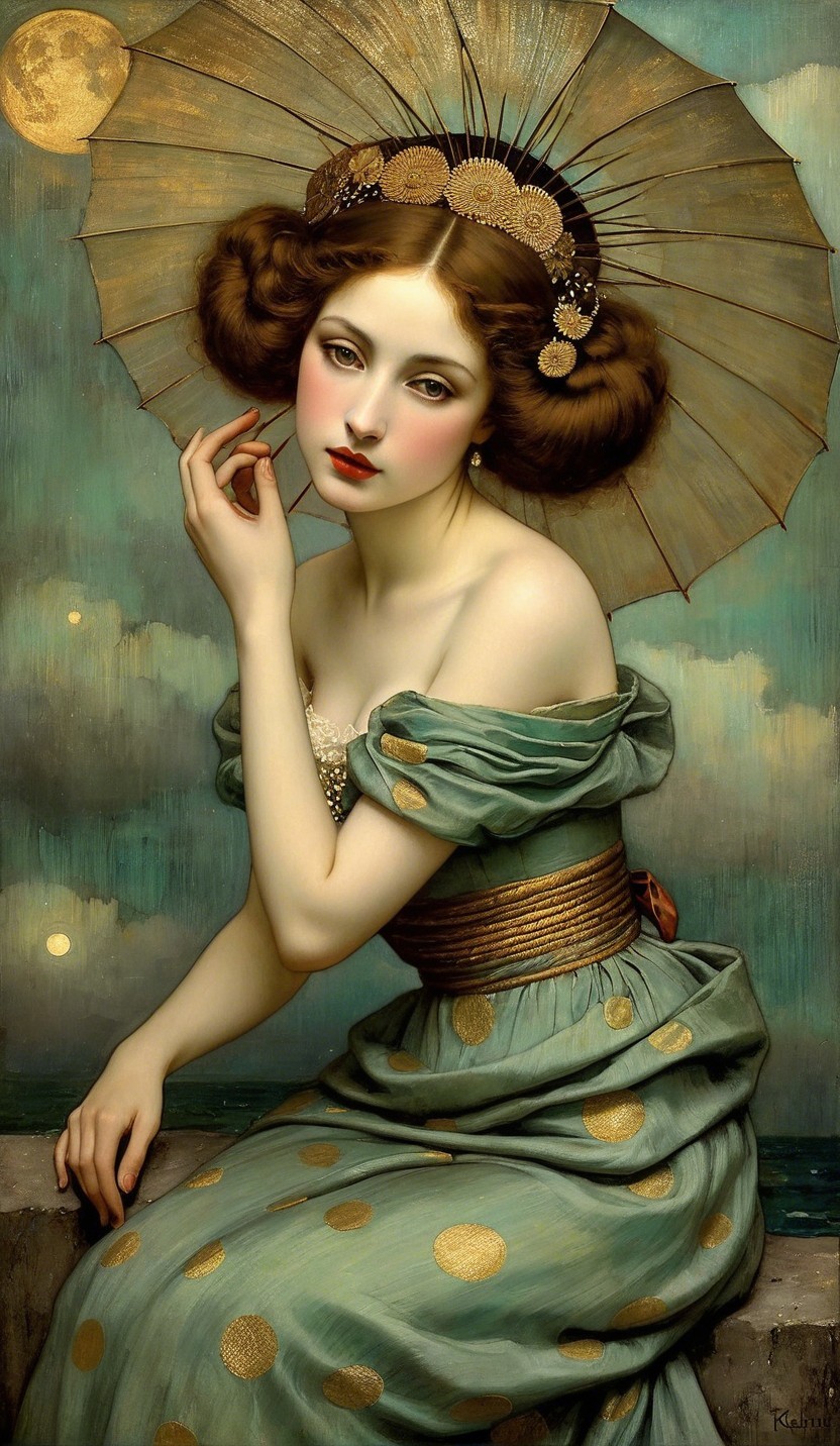 Serene Young Woman with Decorative Parasol in Moonlight