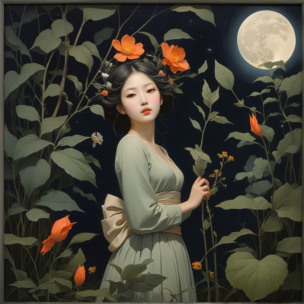 Young Woman in Flowing Gown Surrounded by Nature