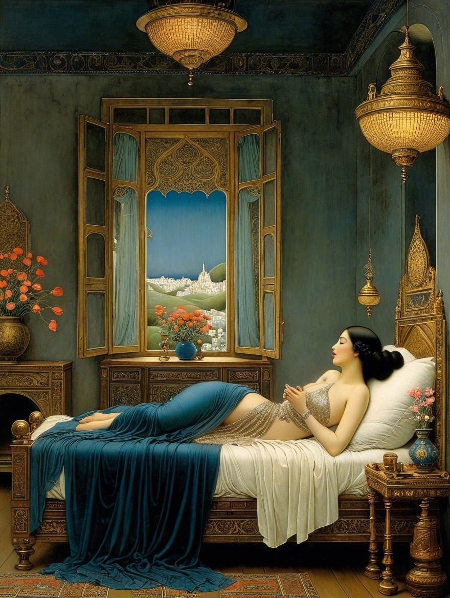 Serene Woman on Luxurious Bed with Scenic View