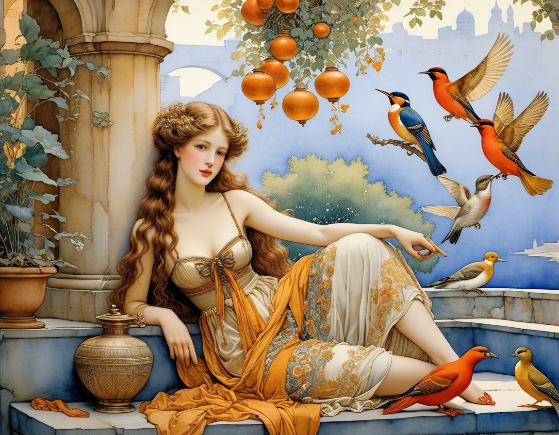 Beautiful Woman Surrounded by Colorful Birds and Nature