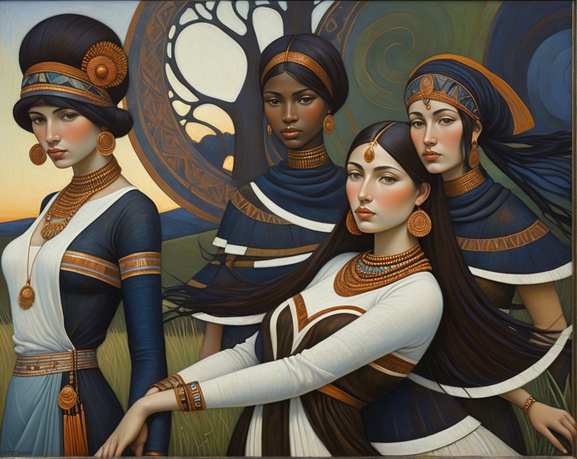 Elegant Women in Traditional Attire Against Serene Landscape