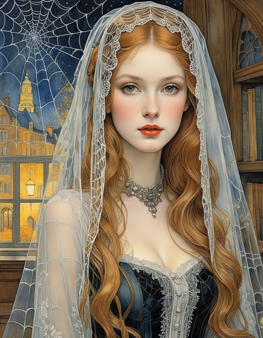 Portrait of a Woman in Vintage Gown with Veil