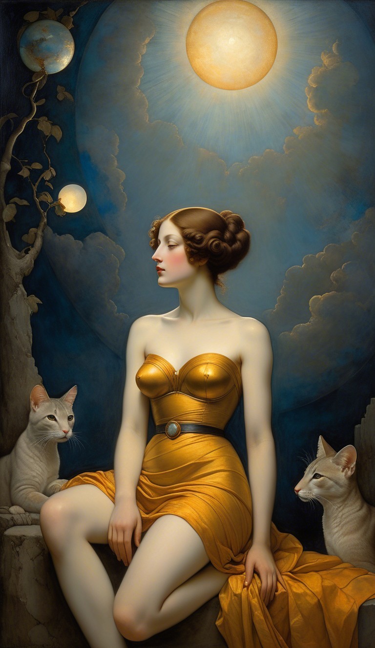 Serene woman in golden dress with elegant cats and sun