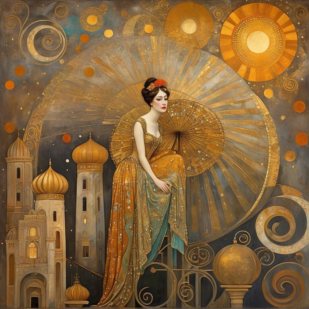Ornate golden gown figure in intricate architectural scene