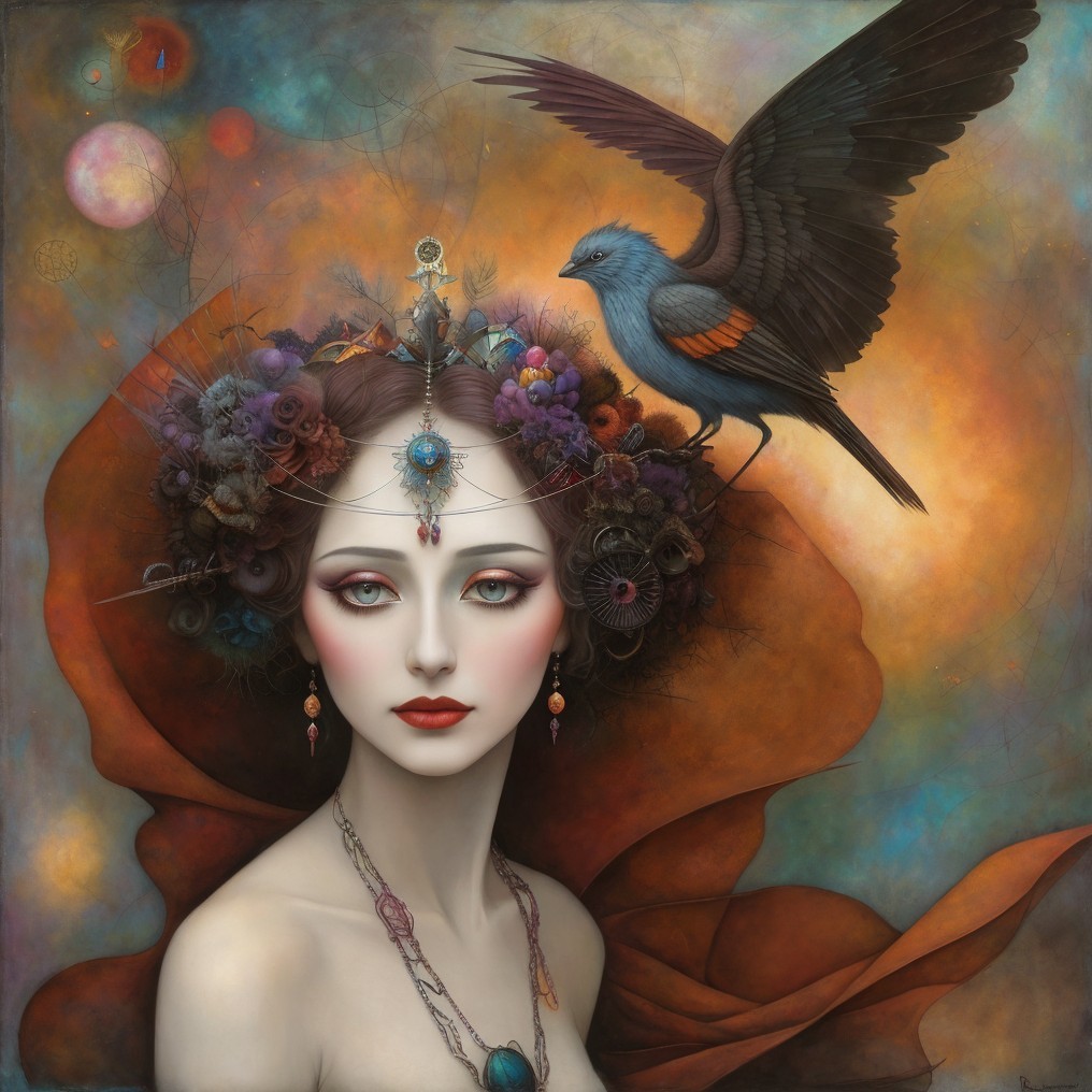 Serene Woman with Floral Crown and Vibrant Bird