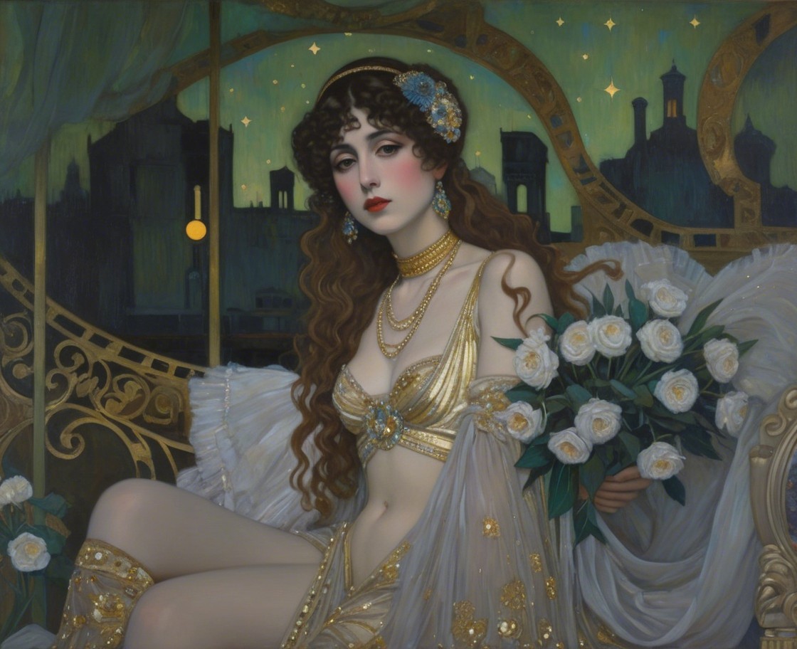 Elegant Woman in Gold Outfit with White Roses