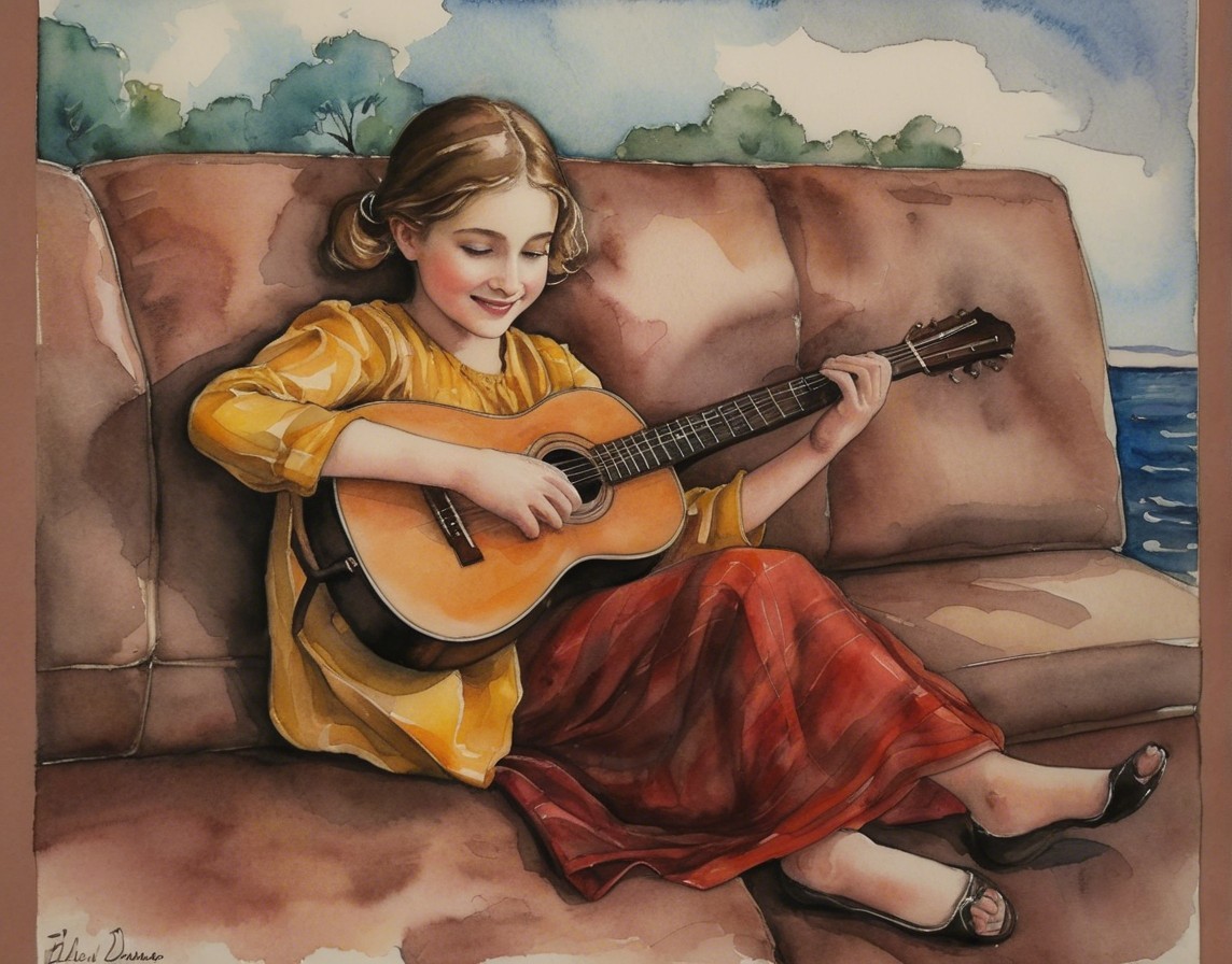 Young girl playing guitar on a sofa in nature