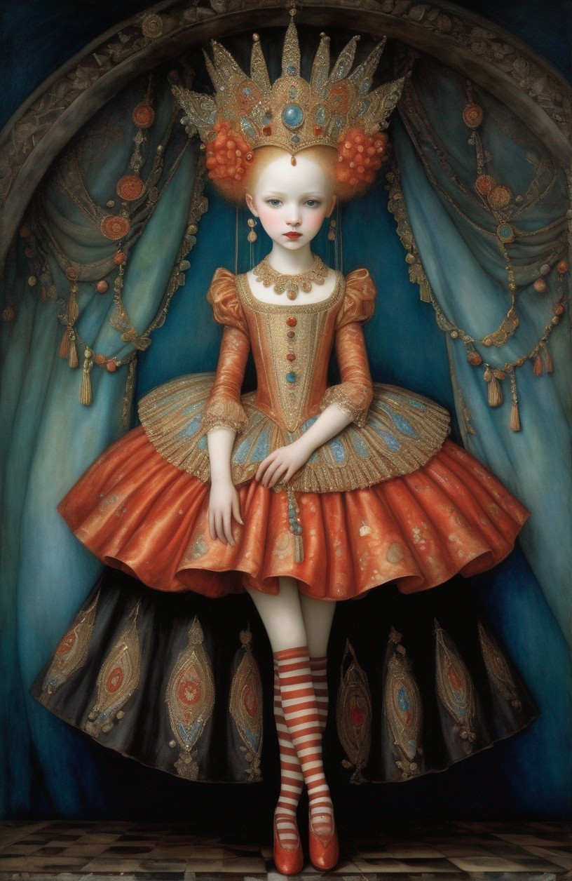 Surreal portrait of pale doll-like figure in ornate orange and gold dress