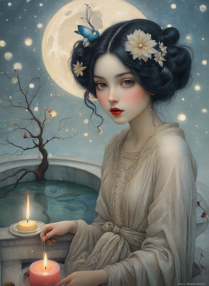 Ethereal Woman with Blue Eyes by a Moonlit Pool