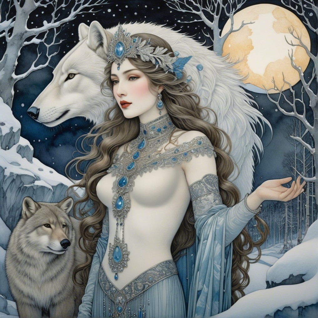 Majestic woman in winter landscape with wolves and moonlight