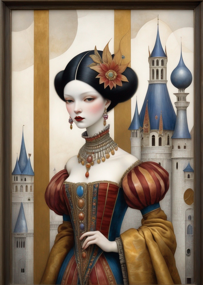 Stylized woman in Renaissance dress with castle backdrop