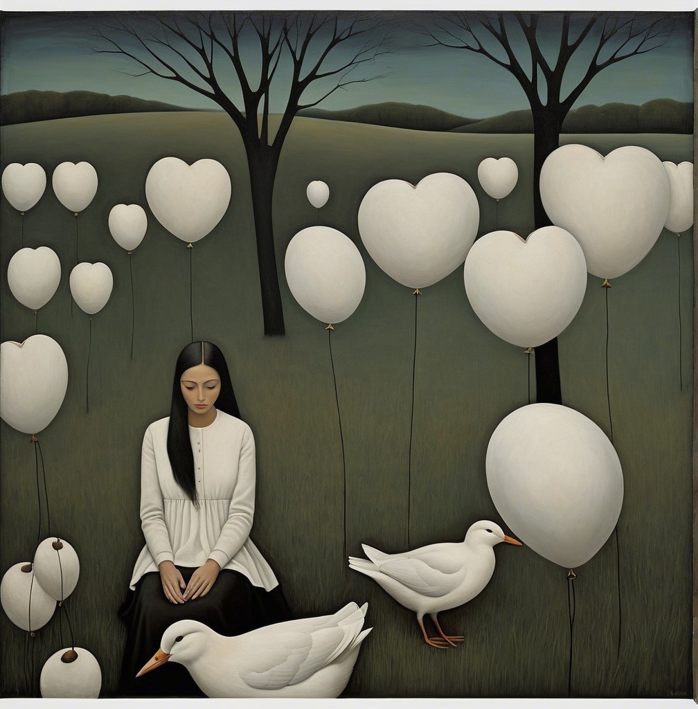 Serene Landscape with Heart-Shaped Balloons and Nature