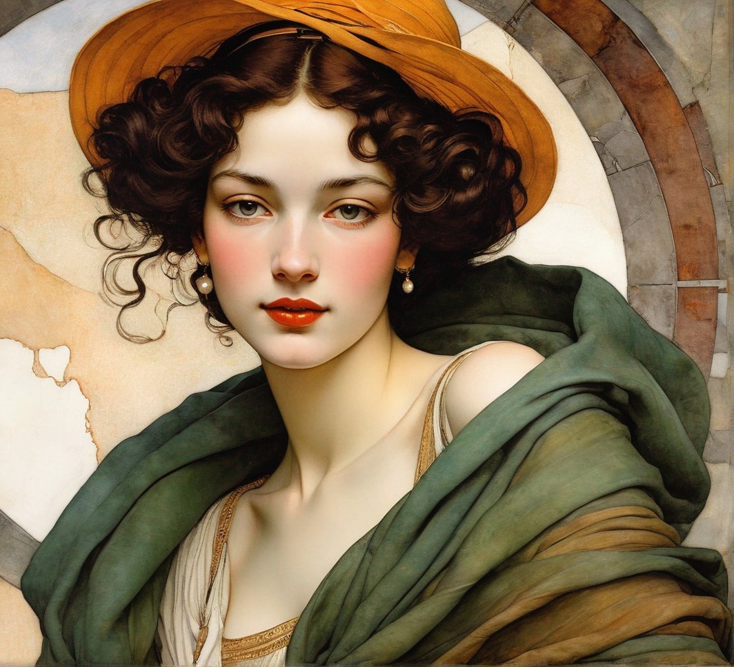 Portrait of a Woman with Curly Dark Hair and Tan Hat