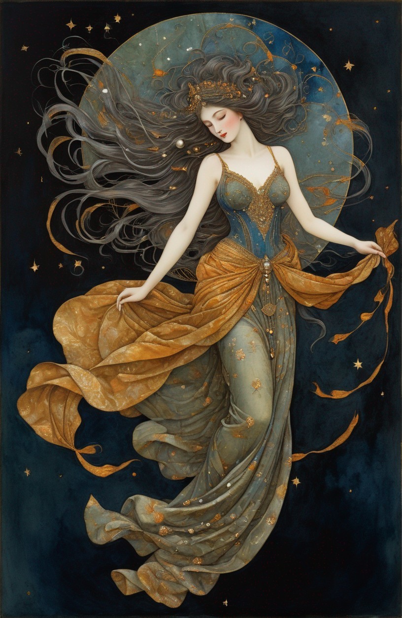 Mystical figure dancing in a starry night scene