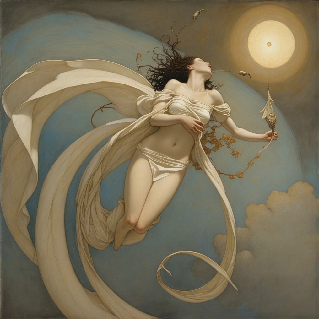 Celestial Figure in Translucent Fabrics Under Sunlight